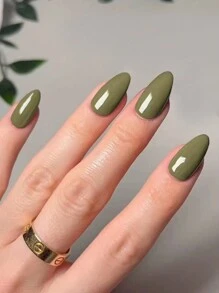 24入組短杏仁形閃亮純色草綠色簡約佩戴式假指甲,可重複使用,適用於日常和節日穿著 - 彩色 - 查看 1