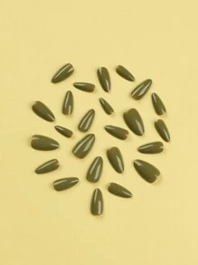 24入組短杏仁形閃亮純色草綠色簡約佩戴式假指甲,可重複使用,適用於日常和節日穿著 - 彩色 - 查看 3