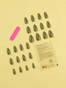 24入組短杏仁形閃亮純色草綠色簡約佩戴式假指甲,可重複使用,適用於日常和節日穿著 - 彩色 - 查看 2