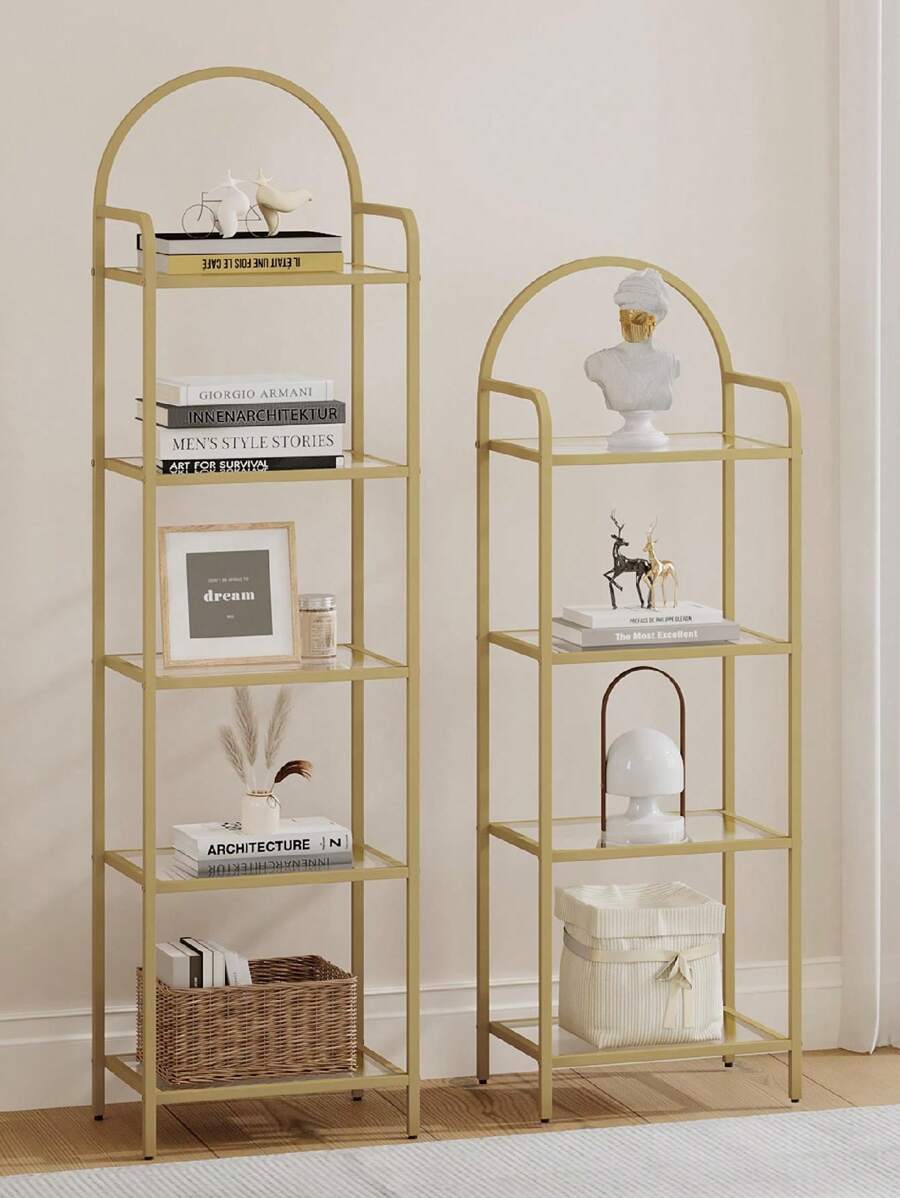 HEXCELEN 5-stufiges Leiterregal, Bücherregal aus gehärtetem Glas, schlankes Regal für Schlafzimmer, Badezimmer, Heimbüro, Stahlrahmen, Gold5-stufiges Leiterregal, Bücherregal aus gehärtetem Glas, schlankes Regal für Schlafzimmer, Badezimmer, Heimbüro, Stahlrahmen - Gold - Übersicht 1
