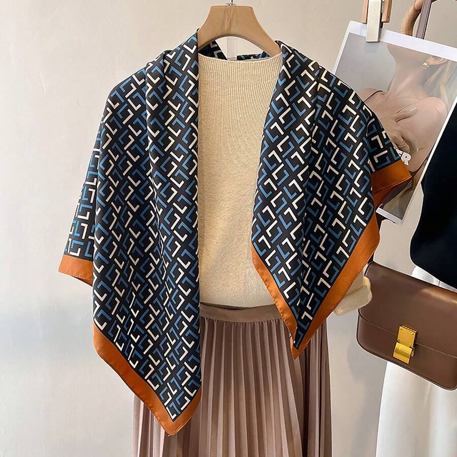 1 件幾何字母印花女用絲巾,戶外披肩頭帶時尚配件
