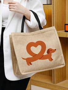 Linen Dachshund Tote Bag, Dachshund Embellished Shoulder Bag, Casual Shoulder Bag Vintage Style Bag With Double Handle School Bag, Tote Bag, Book Tote Bag, Perfect For Graduates, Teenage Girls, Freshmen, Junior High And High School Students, College And High School Perfect For Outdoors, Travel And Back To School, Personalized Gift Bag, Holds Books, Perfect For Weddings, Birthdays, Beach, Holidays, Perfect For Women, Mothers, Teachers, Friends, Bridesmaids, Bags, Students And Back To School Beautiful Gift, Christmas Gift - Khaki - View 2