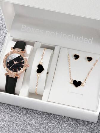 女士皮带时尚简约镶钻数字表盘石英表+爱心首饰套装（5件/套）作为返校学生的礼物