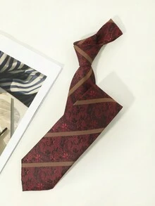 1pc Men's Casual Wine Red Necktie With Diagonal Striped & Paisley Pattern, Suitable For Party, Daily Wear - Burgundy - View 4