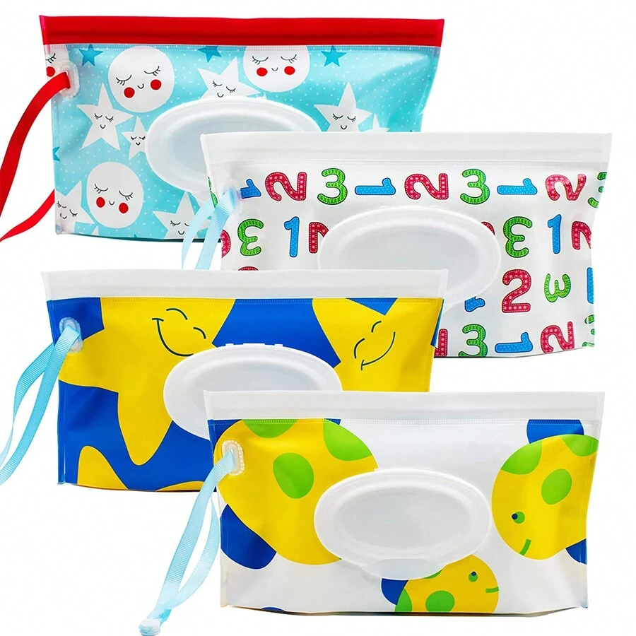 4 Pieces Wet Wipes Dispenser, Reusable Travel Wet Wipes Bag, Baby Wipes Holder With Sealed Zipper, Refillable, Families, Travel, For Outdoors (Style A)