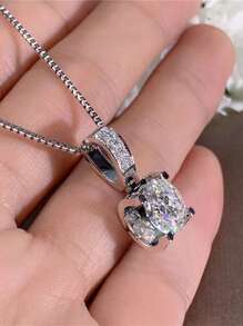 Cubic Zirconia Square Charm Necklace - Silver - View 5