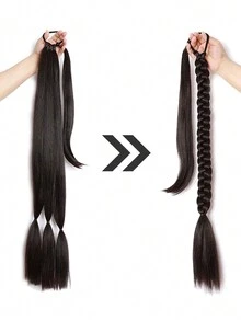 黑棕色化學纖維假髮女性長辮子發帶接髮辮子假髮馬尾捲曲馬尾辮 - Black-brown - 查看 3