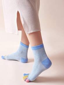 5 Pairs Spring/Summer Random Color Block Breathable Moisture Wicking Split Toe Invisible Socks For Women - Multicolor - View 6