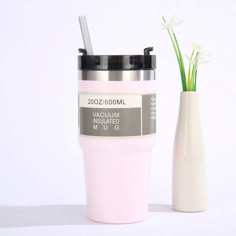 1 Miếng 600ml 20oz Ô tô/xe hơi Cúp Thép không gỉ Du lịch ngoài trời Văn phòng kinh doanh Có thể mang đi Cốc nước Xử lý Rơm rạ Cốc giữ nhiệt - Bụi hồng - Xem 1