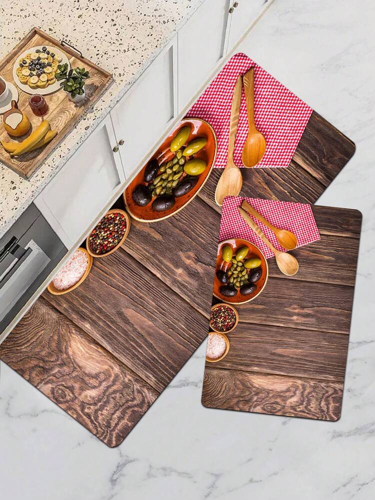 1pc Wood Grain Spoon Printed Anti-slip Floor Mat For Bathroom, Kitchen, Living Room, Bedroom, Entryway, Decoration, Indoor Rug, Kitchen Floor - Redwood - View 2