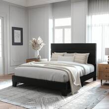 Allewie Twin/Full/Queen/King Size Platform Bed Frame With Fabric Upholstered Headboard And Wooden Slats Support, Fully Upholstered Mattress Foundation, No Box Spring Needed, Easy Assembly, Black - Black - View 3
