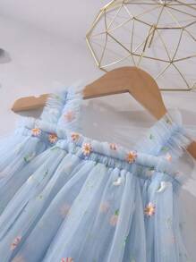 女婴和女童可爱休闲刺绣网眼连衣裙，适合派对、海滩、度假、优雅、聚会、毕业典礼、夏季 - 藍色 - 查看 2