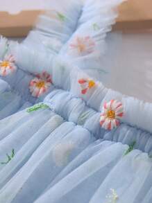 女婴和女童可爱休闲刺绣网眼连衣裙，适合派对、海滩、度假、优雅、聚会、毕业典礼、夏季 - 藍色 - 查看 3