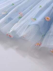 女婴和女童可爱休闲刺绣网眼连衣裙，适合派对、海滩、度假、优雅、聚会、毕业典礼、夏季 - 藍色 - 查看 4