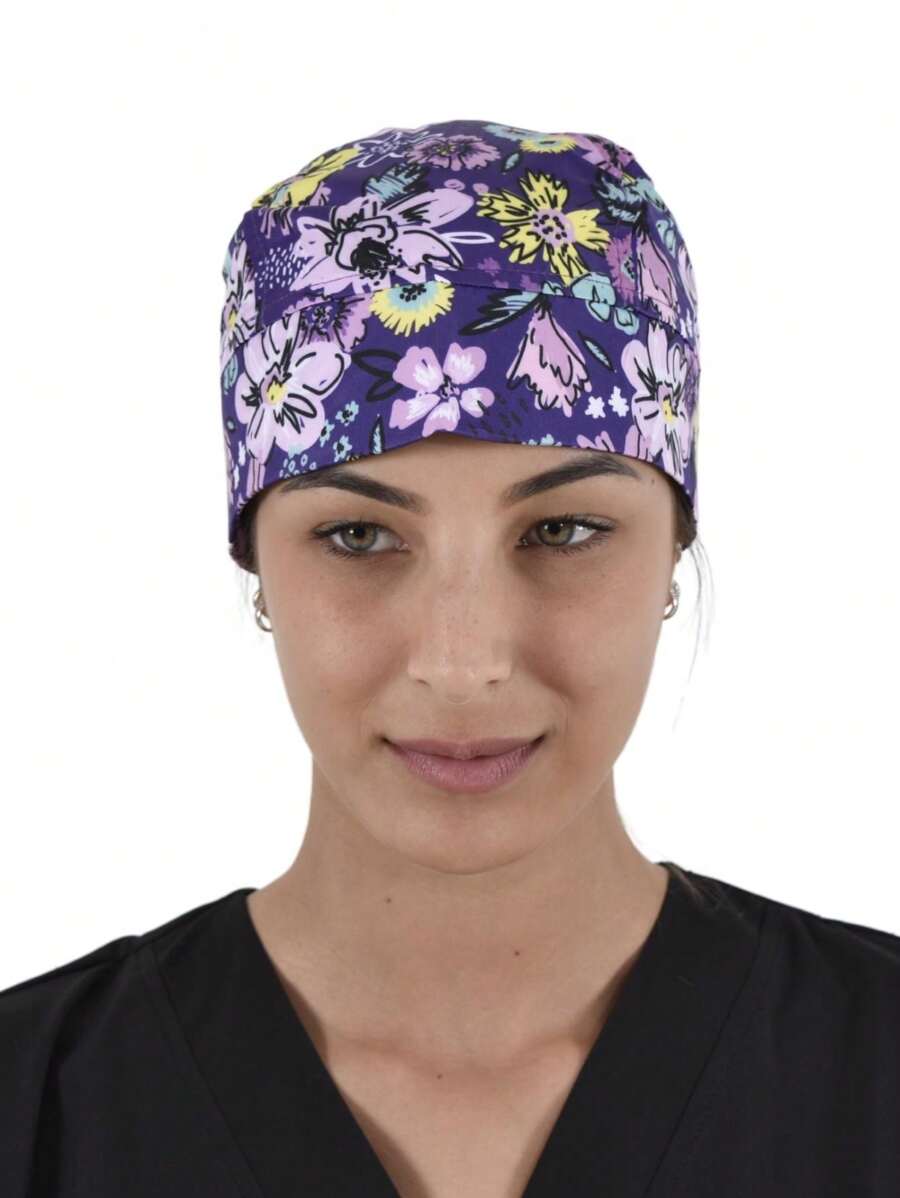 SOULMATE Printed Surgical Medical Cap For Women - Purple Yellow Flowers - View 1