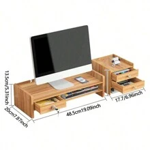 Soporte Elevador Para Monitor De Ordenador De Escritorio, Organizador De Escritorio Con Cajón Para Hogar Y Oficina, 1 Ud. - Marrón - Ver 2