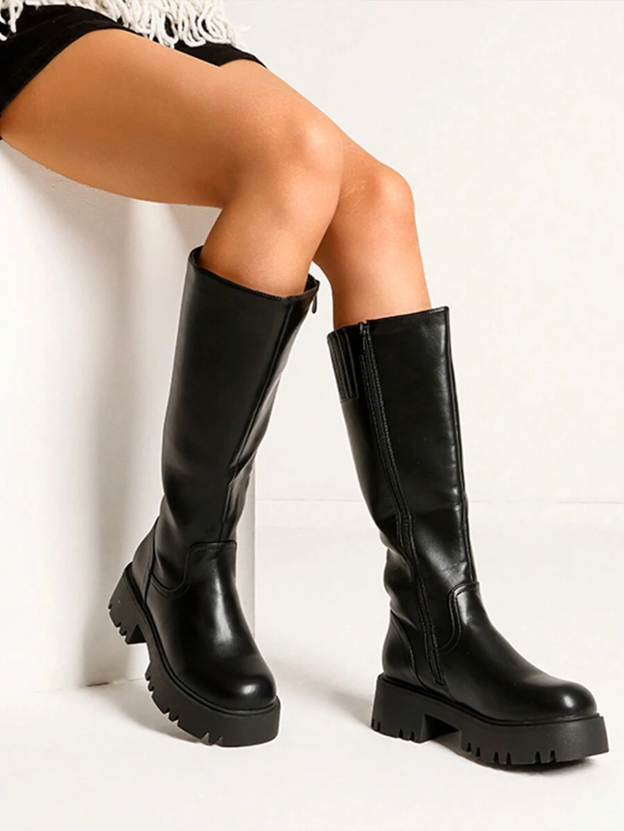 Knee High Boots Women, Comfortable Platform Round-Toe Side Zip Boots For Women - 黑色 - 查看 1