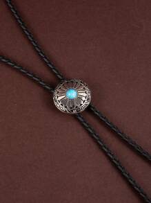 1pc Bolo Tie Western Style Turquoise Inlay Shield Shaped Pattern Metal Stretchable Long Necklace For Men - Multicolor - View 2