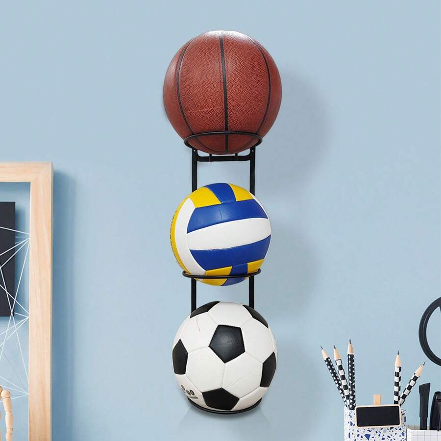 Wall Mounted Iron Football Display Rack, Diy 1/2/3-layer Garage Basketball Storage Rack, Modern Black Living Room Vertical Shelf, 1pc - Black - View 1