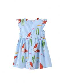 Annil Young Girl Dress Summer Cartoon Print Bow Decorated Round Neck Short Sleeve Dresses Blue