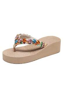 度假風格珠片夾腳拖鞋女款鑲嵌翹跟凉鞋,戶外休閒適用 - 米色 - 查看 6