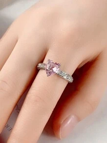 1枚时尚心形立方氧化锆戒指，女士情人节礼物，结婚/订婚首饰 - 粉色 - 查看 6