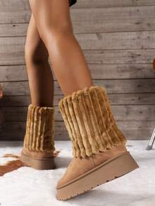 Women's Fashionable Ribbed Snow Boots With Thick Platform Sole - Apricot - View 3