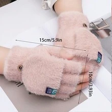 1 雙女毛絨冬季手套露指手套保暖保暖戶外折疊手套 - 淺灰色 - 查看 5