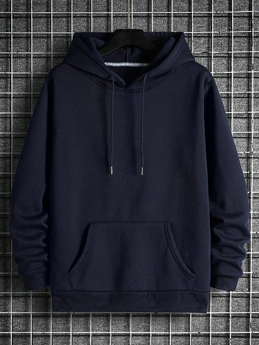 Hombres Capucha unicolor con cordón con bolsillo de canguro de hoODIE - Azul Marino - Ver 1