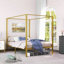 Homnibu Queen Size Gold Metal Four Poster Canopy Bed Frame - Sturdy 14 Inch Platform With Built-In Headboard - Gold - View 5