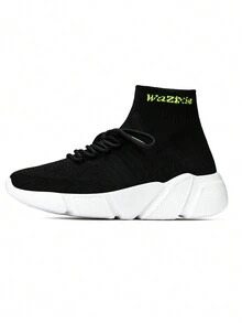 男士針織輕量級減震透氣跑鞋,高彈性舒適的襪套式運動鞋 - 黑與白 - 查看 7