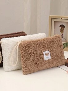 1 件便攜式大容量毛絨化妝包和卡通熊,適合女士旅行和文具收納 - 棕色 - 查看 5