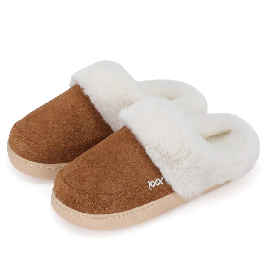 NineCiFun Men and women's home plush lining with suede upper, rubber sole slippers for warmth and comfort, thick sole indoor and outdoor slippers - 棕色 - 查看 1