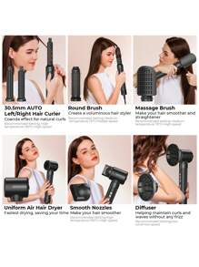 UKLISS Styliseur 7-en-1 - Sèche-cheveux soufflant à air chaud grande vitesse, lisseur et fer à friser pour un style de salon sans effort