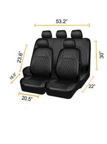 9PCS Car Seat Cover Set With 2 Front Seat Covers, 1 Backrest Cover, 1 Back Seat Cover And 5 Headrest Covers. PVC Leather With 4mm Sponge. Universal Fit For 5-Seater Cars.