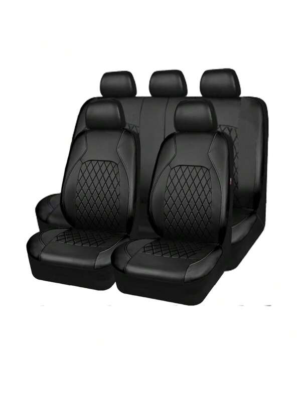 9PCS Car Seat Cover Set With 2 Front Seat Covers, 1 Backrest Cover, 1 Back Seat Cover And 5 Headrest Covers. PVC Leather With 4mm Sponge. Universal Fit For 5-Seater Cars.