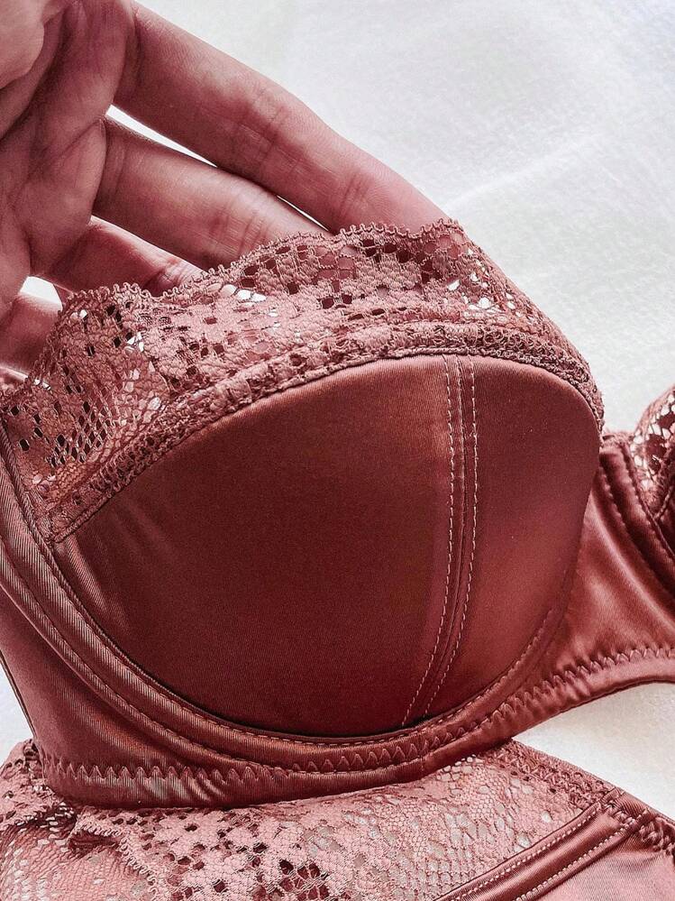 超薄女士内衣套装专为大胸围设计，配有钢圈、聚拢和法式半罩杯文胸，非常适合夏季内衣 - 紅色 - 查看 3
