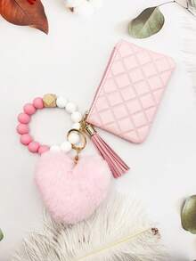 1入組pu皮製女士錢包風格的錢包和手拿包與鑰匙扣,1入組矽膠珠裝飾手帶匙扣,1入組毛絨心形球掛飾,和1入組車內懸掛裝飾。完美的新年禮物！ - 黑色 - 查看 2