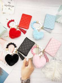 1入組pu皮製女士錢包風格的錢包和手拿包與鑰匙扣,1入組矽膠珠裝飾手帶匙扣,1入組毛絨心形球掛飾,和1入組車內懸掛裝飾。完美的新年禮物！ - 黑色 - 查看 1