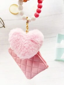 1入組pu皮製女士錢包風格的錢包和手拿包與鑰匙扣,1入組矽膠珠裝飾手帶匙扣,1入組毛絨心形球掛飾,和1入組車內懸掛裝飾。完美的新年禮物！ - 黑色 - 查看 3