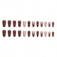 24 Uñas Postizas De Color Dorado Champán Y Rojo Vino, Medias Y Largas - Burdeos - Ver 5