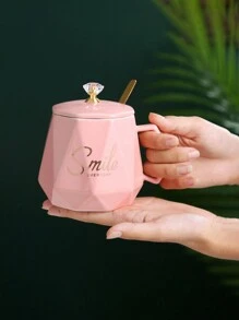 1 Pieza Taza De Cerámica Con Revestimiento De Diamante Y Acabado Con Efecto Espejo Con Tapa, Taza De Recuerdo De Color Aleatorio - Multicolor - Ver 3
