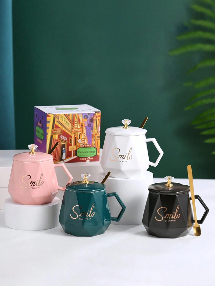 1 Pieza Taza De Cerámica Con Revestimiento De Diamante Y Acabado Con Efecto Espejo Con Tapa, Taza De Recuerdo De Color Aleatorio - Multicolor - Ver 1