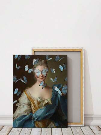 1入組木框畫,1入組,印製畫像畫布畫,蝴蝶和復古女人牆藝術,復古油畫海報印刷品,英國時尚藝術牆畫,適用於客廳,臥室,辦公室,廚房,餐廳牆壁裝飾,家用裝飾,並且是一份完美的禮物