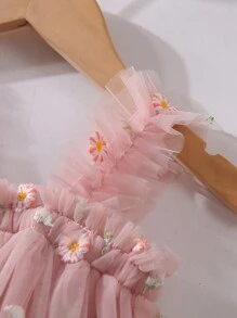 Elegant Cute Embroidered Mesh Pink Spaghetti Strap Dress For Baby Girls, Birthday Party, Princess Dress, Vacation - Dusty Pink - View 5