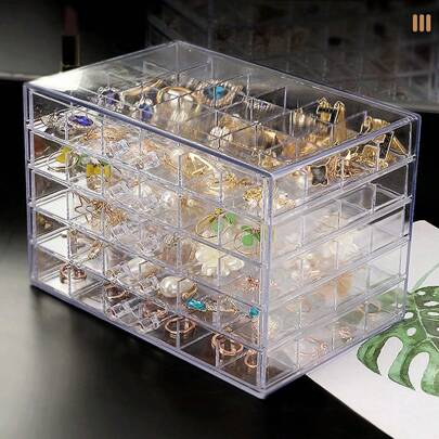 Acrylic Jewelry Organizer With 5 Drawers, 120 Clear Small Compartment Tray, Transparent Earring Ring Necklaces Bracelet Holder For Mother, Wife, Daughter, Sister, Friends, Or Any Women