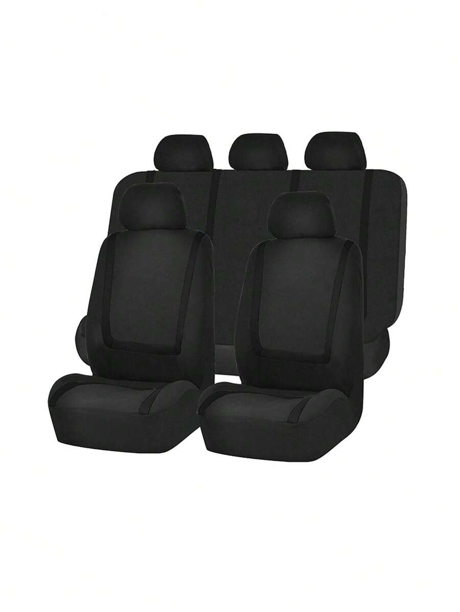 9pcs Universal Car Seat Cover Set, Including 2 Front Seat Covers, 1 Rear Seat Back Cover, 1 Rear Seat Base Cover And 5 Headrest Covers, 2mm Sponge, Multicolor Optional, Suitable For All Seasons - Black - View 1