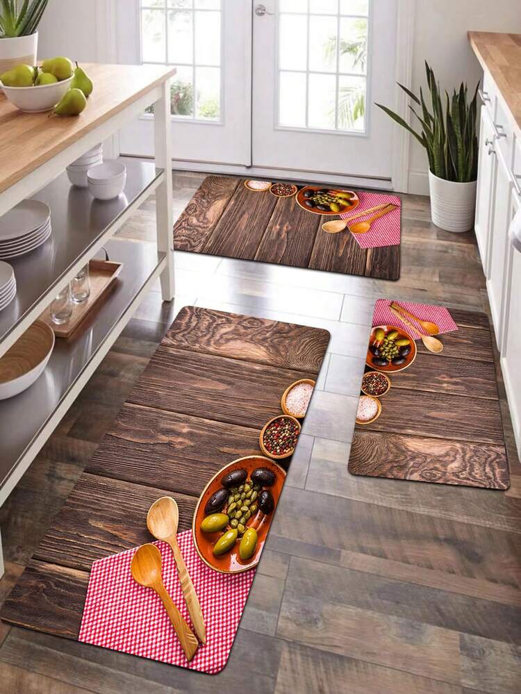 1pc Wood Grain Spoon Printed Anti-slip Floor Mat For Bathroom, Kitchen, Living Room, Bedroom, Entryway, Decoration, Indoor Rug, Kitchen Floor - Redwood - View 1