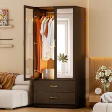 Lvifur 63" Armoire Wardrobe Closet With Auto Sensor LED,3-Color Dimmable LED Armoire With Full Length Mirror,Armoire Storage Cabinet With Acrylic Door,4-Tier Adjustable Shelf,2 Drawers