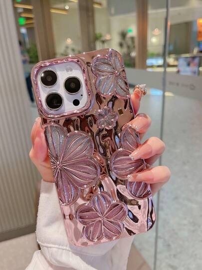 Funda de teléfono TPU con pintura de flores 3D minimalista vintage con efecto metálico y brillo compatible con iPhone 14, iPhone 14 Pro, iPhone 14 Plus, iPhone 14 Pro Max, iPhone 15, iPhone 15 Pro, iPhone 15 Pro Max, iPhone 16, iPhone 16 Pro, iPhone 16 Plus, iPhone 16 Pro Max, iPhone 17, iPhone 17 Pro, iPhone 17 Air, iPhone 17 Pro Max